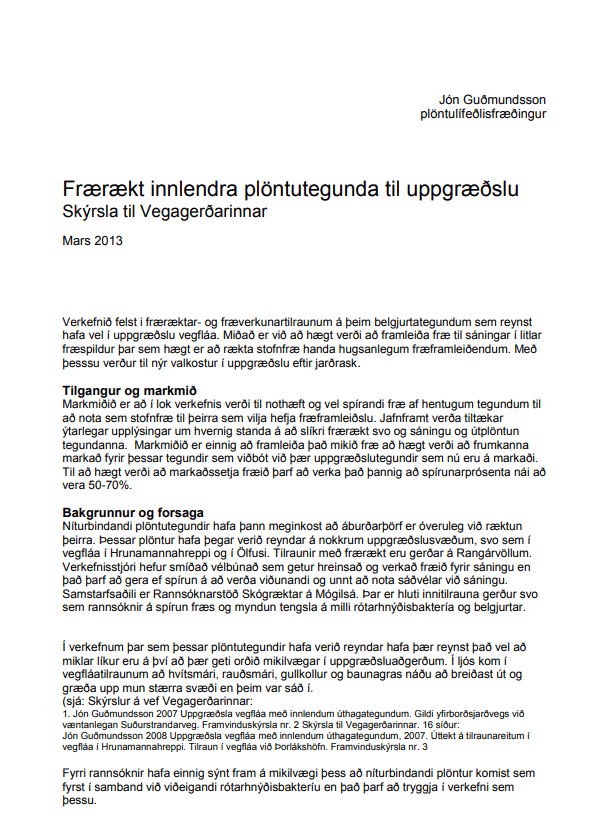 Frærækt innlendra plöntutegunda til uppgræðslu vegfláa