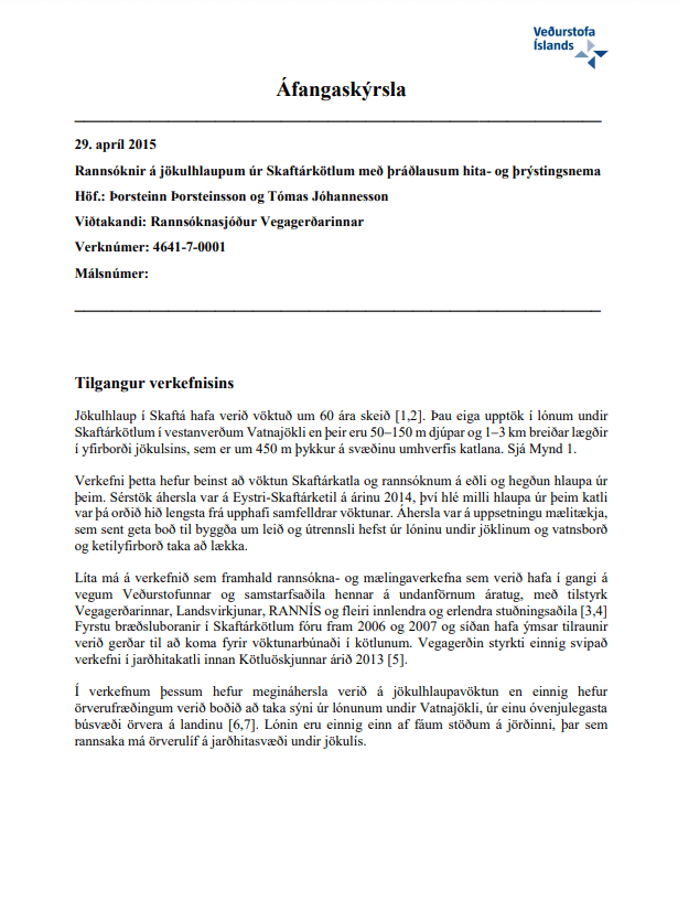 Rannsóknir á jökulhlaupum úr Skaftárkötlum með þráðlausum hita- og þrýstingsnema