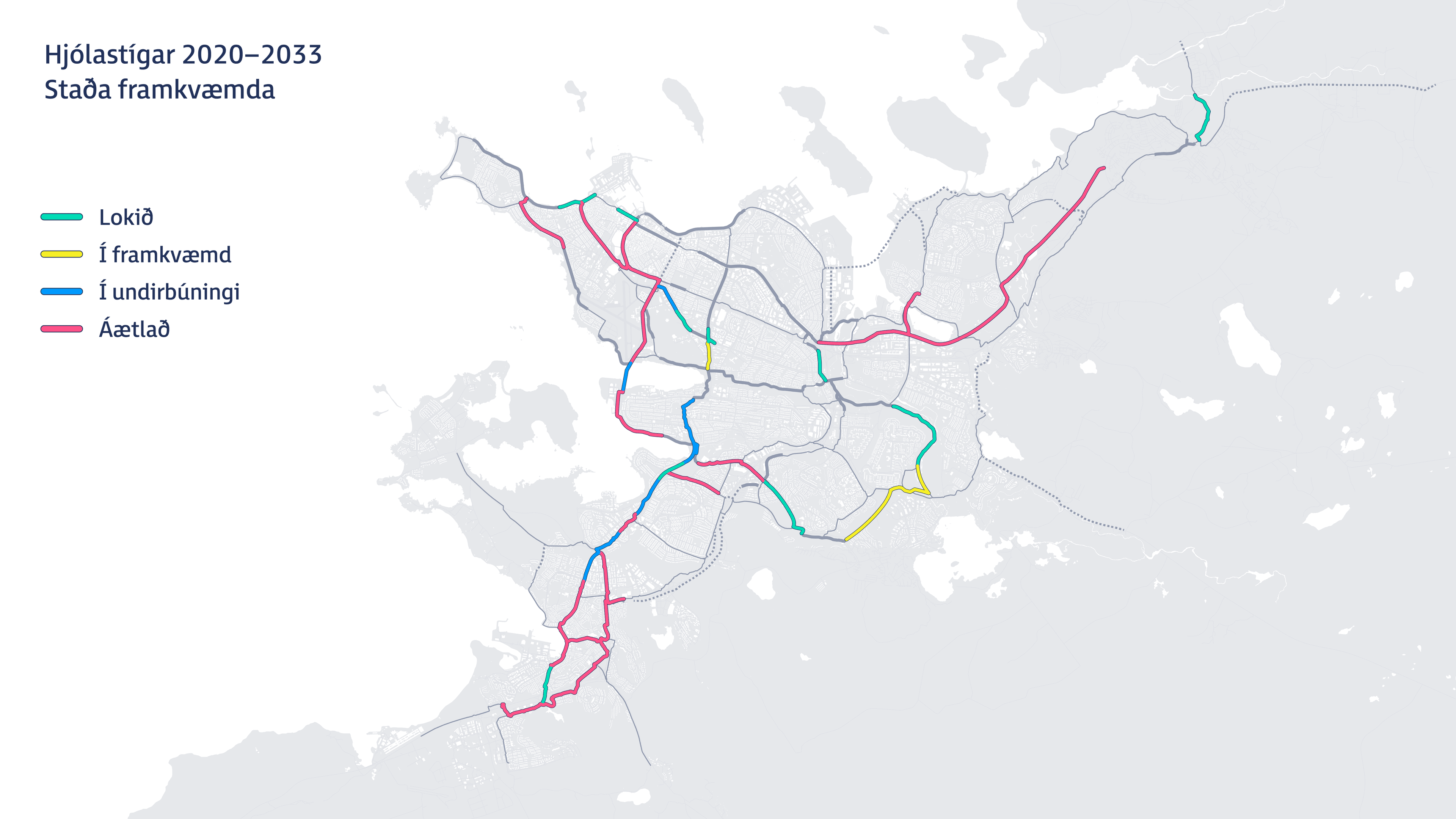 Kort sem sýnir hjólastígaframkvæmdir á höfuðborgarsvæðinu.