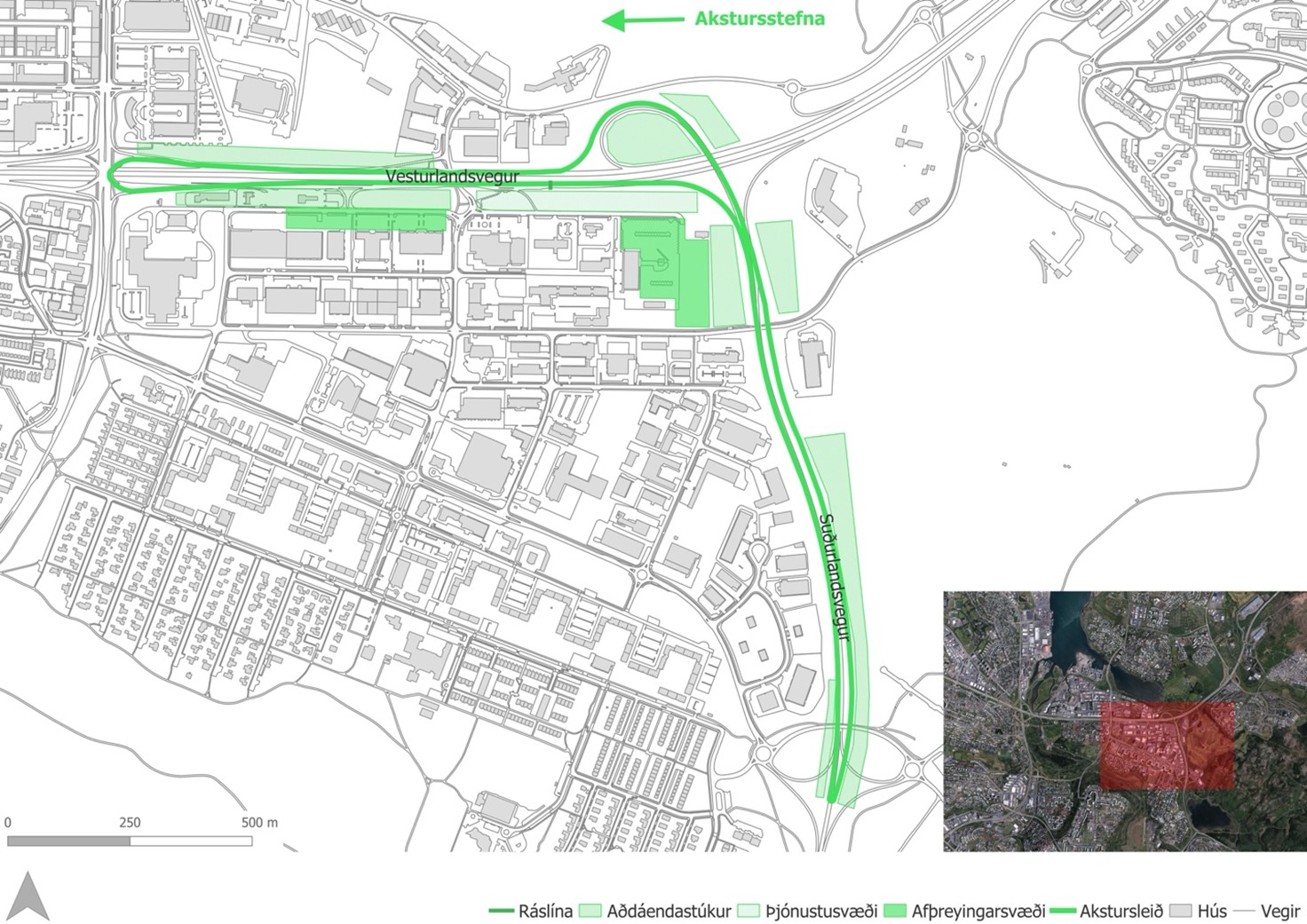 Vesturlandsvegur – Suðurlandsvegur. Þessi kostur var talinn ákjósanlegastur.