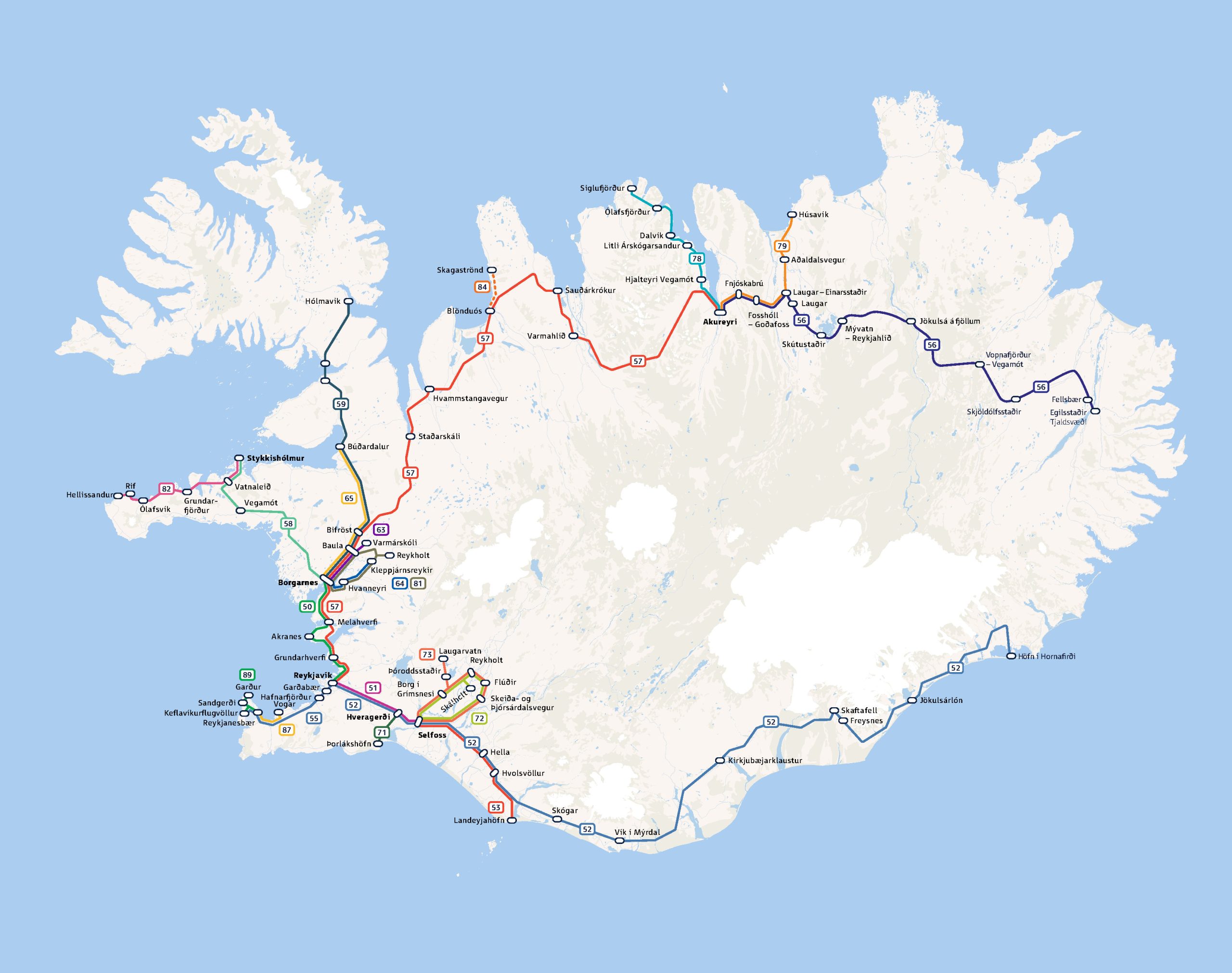 Kort sem sýnir nýtt leiðakerfi landsbyggðavagna sem tekur gildi um áramótin.